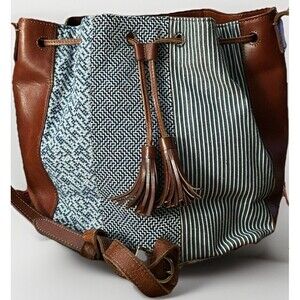 J. Jill Leather Fabric Bucket Large Tote Bag Boho Bag Brown Blue White
